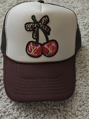 Cream and Brown Trucker Hat with Embroidered Cherry Patch